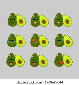 Avocado emojis with various funny and sad facial expressions, great for Emoji stickers in chat applications, for chatting on websites, social media and chat stickers