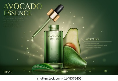 Avocado essence oil ads with fresh ingredients on glittering background in 3d illustration