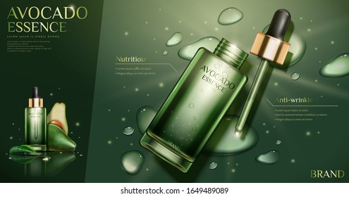 Avocado essence oil laying on watery green background in 3d illustration