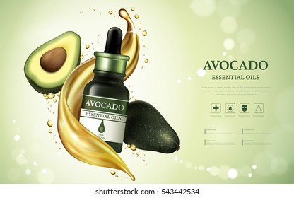 Avocado ätherische Ölanzeigen, Obstanatomie mit in der Luft schwebender Ölstruktur einzeln auf Bokeh-grünem Hintergrund, 3D-Illustration