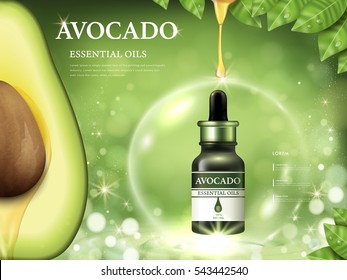 Avocado essential oil ads, fruit anatomy on the left side and oil dripped from top isolated on bokeh green background, 3d illustration