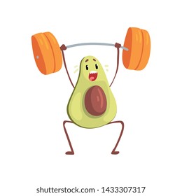 Avocado Exercising with Barbell, Funny Exotic Fruit Athlete Cartoon Character Doing Sports Vector Illustration