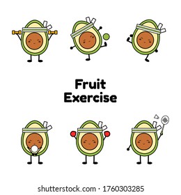 Avocado exercising characters. Sport icons. Cute style fruit character. Happy face fruit icon. Cute style fruit set. Exercise at home. Avocado emoji. Illustration vector.