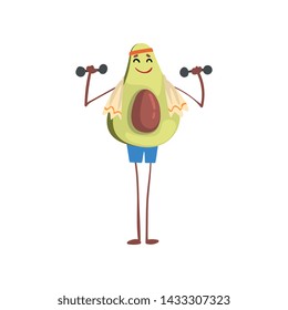 Avocado Exercising with Dumbbells, Funny Exotic Fruit Athlete Cartoon Character Doing Sports Vector Illustration