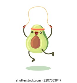 Avocado exercising flat for web design. Cartoon avocado fruit character in gym isolated vector illustration. Fitness workout and sport activity concept