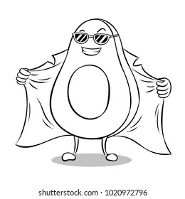 Avocado exhibitionist in raincoat coloring vector illustration. Isolated image on white background. Cartoon food character. Comic book style imitation.