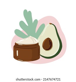 El aguacate es una ilustración del concepto de crema. Crema de belleza en tarro marrón con elementos abstractos, ilustración vectorial. 