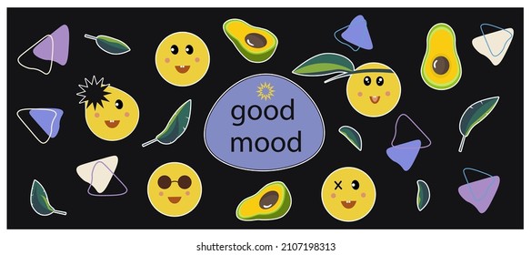 Avocado Face Smile Abstract Cool Sticker.  Tropical fruit with a happy smile. Good mood. Modern background with funny avocado emotions. Comic poster with geometric shapes, cute hipsters. Vector 
