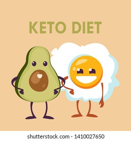 An avocado with a face and a smile and an egg with emotion stand and hold each other’s hands. Inscription on top of keto diet. Vector illustration in cartoon style.