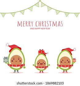 Avocado family. Avocado character. Cute style merry christmas background.