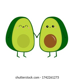 Avocado family love couple holding hands. Mother, father. Cute cartoon kawaii funny character set. Greeting card. Happy Valentines day. Healthy food. Flat design. White background. Vector illustration
