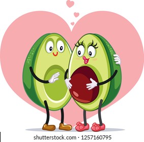 Avocado Family Pregnancy Announcement Funny Vector Design. Funny pregnant cartoon couple on pink heart background  
