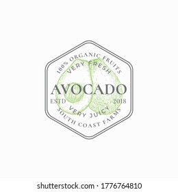 Avocado Farm Frame Badge or Logo Template. Hand Drawn Fruit with Slice Sketch with Retro Typography and Borders. Vintage Premium Circle Emblem. Isolated.