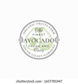 Avocado Farm Round Frame Badge or Logo Template. Hand Drawn Avocado with Half Sketch with Retro Typography and Borders. Vintage Premium Circle Emblem. Isolated.