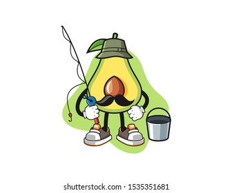 Avocado fisherman mascot design vector. Cartoon character illustration for business, t shirt, sticker.
