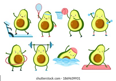 Avocado Fitness. Cartoon Food Fitnessraum, gesunde Früchte Fitness Charaktere. Funny sport athletin trainieren, schwimmen Yoga Training exakt Vektorset