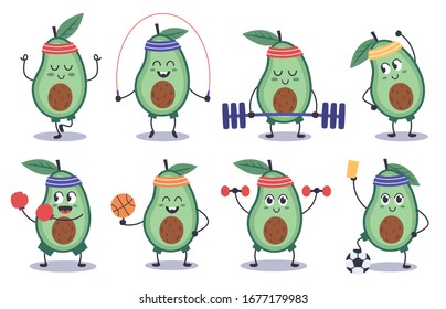 Avocado fitness. Funny doodle avocado character do sport, meditation, play soccer, sports avocado mascot isolated vector illustration icons set. Avocado cartoon food, fitness fruit healthy