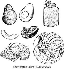 Ilustración de aguacate y tinta de bebida. Vocado crudo, liso, horneado con verduras, ensalada, bocetos dibujados a mano con tostadas de huevo. Sencillo estilo de textura monocromática. Frutas y un tema de dieta saludable. 