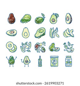 avocado food green half doodle icons set vector. vegetable slice fresh, healthy organic seed, tropical cut ripe, nutrition plant avocado food green half sketch hand drawn