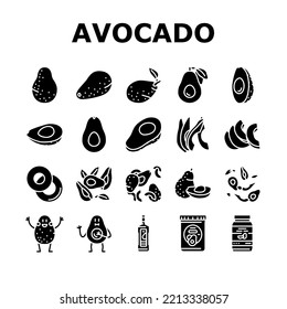 avocado food green half icons set vector. vegetable slice fresh, healthy organic seed, tropical cut ripe, nutrition plant avocado food green half glyph pictogram Illustrations