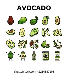 aguacate food green half iconos set vector. rebanada vegetal fresca, semilla orgánica sana, maduración tropical, planta nutritiva aguacate alimentos verdes semicolor ilustraciones de línea