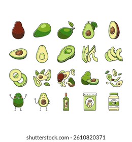 avocado food green half icons set vector. vegetable slice fresh, healthy organic seed, tropical cut ripe, nutrition plant avocado food green half color line illustrations