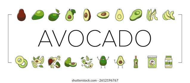 avocado food green half icons set vector. vegetable slice fresh, healthy organic seed, tropical cut ripe, nutrition plant avocado food green half color line illustrations