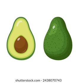 avocado food icon. Avocado fruit whole and half. Summer tropical fruits for healthy lifestyle. Vector illustration in flat style