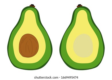 Avocado food vector illustration. Avocado fruit whole and half in flat minimalist style isolated on white background.