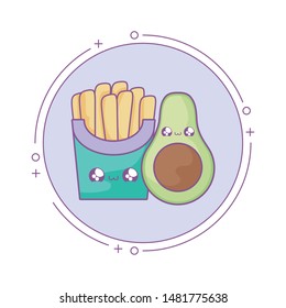 avocado with french fries in frame circular kawaii style