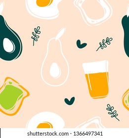 Avocado, fried egg, toast and glass of orange juice seamless pattern. Vector hand drawing style illustration. Breakfast pattern design.