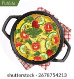 Avocado Frittata in Pot on Kitchen Towel Top View Illustration - Italian Omelette with Tomatoes, Cucumbers, Onions and Basil Toppings