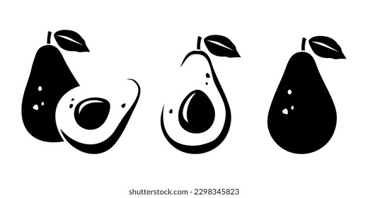 Avocado fruit. Black silhouettes of avocado fruit isolated on a white background. Set of vector illustrations