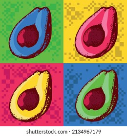 Avocado-Früchte. Hell, Vektorgrafik im Pop-Art-Stil.