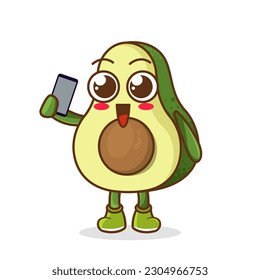 avocado fruit cartoon character holding a smartphone