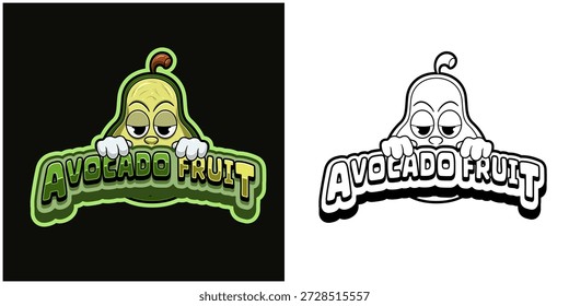 Avocado Frucht Cartoon-Logo mit Text und einem hohen Ausdruck. Volle Farbe und schwarz-weißes Design. Design für Für Aufkleber, Etikett, Abdeckung, Verpackung, Hemd, Geschäft und Produkt. Vektorgrafiken und Illustrationen