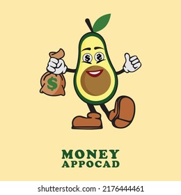 Avocado fruit character carrying cute money vector logo icon, good for health, children's food intake, nutrition, children's book image.