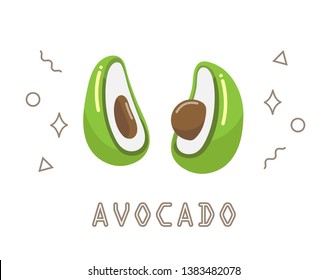 Avocado fruit cut in half isolated on white background. Concept design element for product label. Vector illustration.
