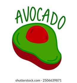 Avocado fruit cut with a stone in the middle, highlighted on a white background. A bright flat illustration of a cut fruit with a name. Half split, soft healthy, Mexican fruit