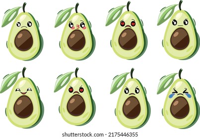 Avocado fruit cute emoji character icons.