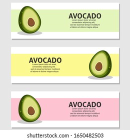 Avocado fruit flat illustration with leaves vector banner background set of 3. Scalable and editable. Vector design for banner, background, card, landing page, brochure, flyer, cover