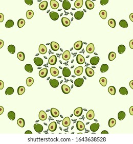 Avocado Obstflache mit Blättern Vektorillustration Hintergrund nahtlose Muster. Skalierbar und editierbar. Vektorillustration Muster für Textilien, Druck, Stoff, Hintergrund, Tapete, Hintergrund.