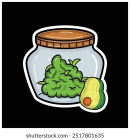 Sabor de la fruta del aguacate con la mascota de la historieta de Weed Bud en tarro. Para pegatina y etiqueta. Vector e ilustración.