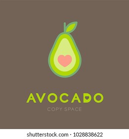 Avocado fruit with heart logo icon set design illustration isolated on brown background with Avocado text and copy space, vector eps10