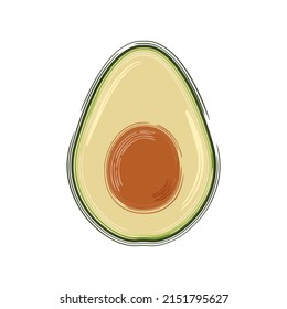 Avocado Fruchtsymbol. Die Hälfte des reifen Avocado. Flacher Stil. Einzeln auf weißem Hintergrund. Vektorgrafik.