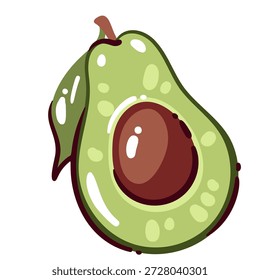 Avocado fruit icon with halved shape, large seed, smooth green flesh and dark outline. Fresh avocado with soft texture, flat design, minimal shading. Cartoon vector illustration.