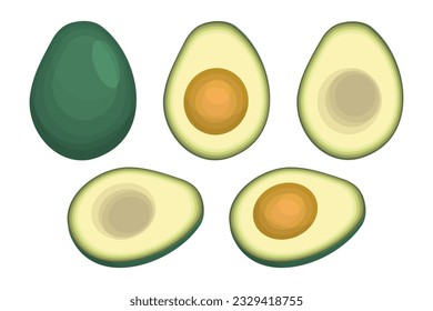 Avocado fruit icon, whole fruit and half. vector flat illustration