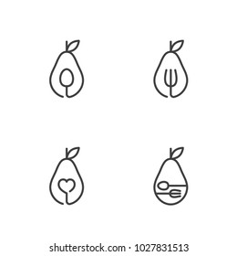 Avocado fruit icons outline stroke set design illustration black and white color isolated on white background, vector eps10