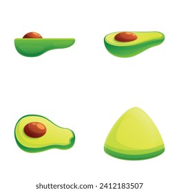 Avocado fruit icons set cartoon vector. Half avocado with pit. Exotic fruit, healthy nutrition