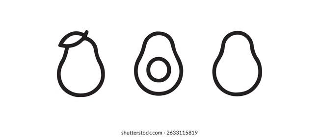 Avocado fruit icons whole and cut in outline style Vector